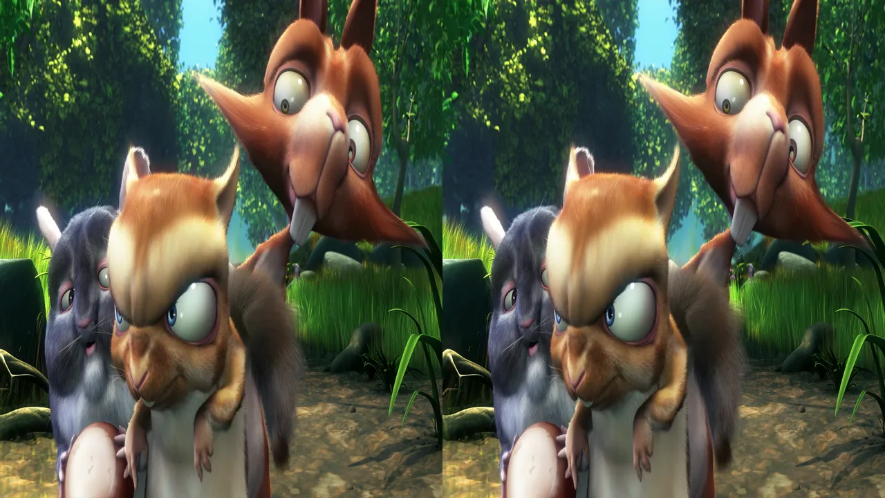 One frame of an animated film saved as Half-SBS: the left-eye and right-eye pictures side by side, each squeezed to half width.